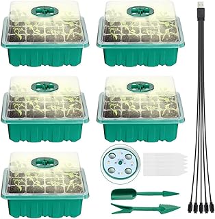 Seed Starter Kit with Grow Light, Seed Starter Tray Seedling Plant Starter Trays with Adjustable Humidity Dome, Seed Starting Trays, 5 Packs Gardening Plant Germination Trays Kit 60 Cells Total