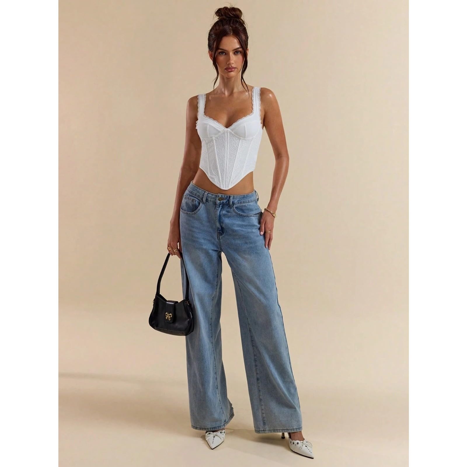 JCVBN - Corsetto da donna in pizzo, scollo a V, spalline rimovibili, corsetto, pizzo, scollo a V, spalline rimovibili, corto, regolabile, estate