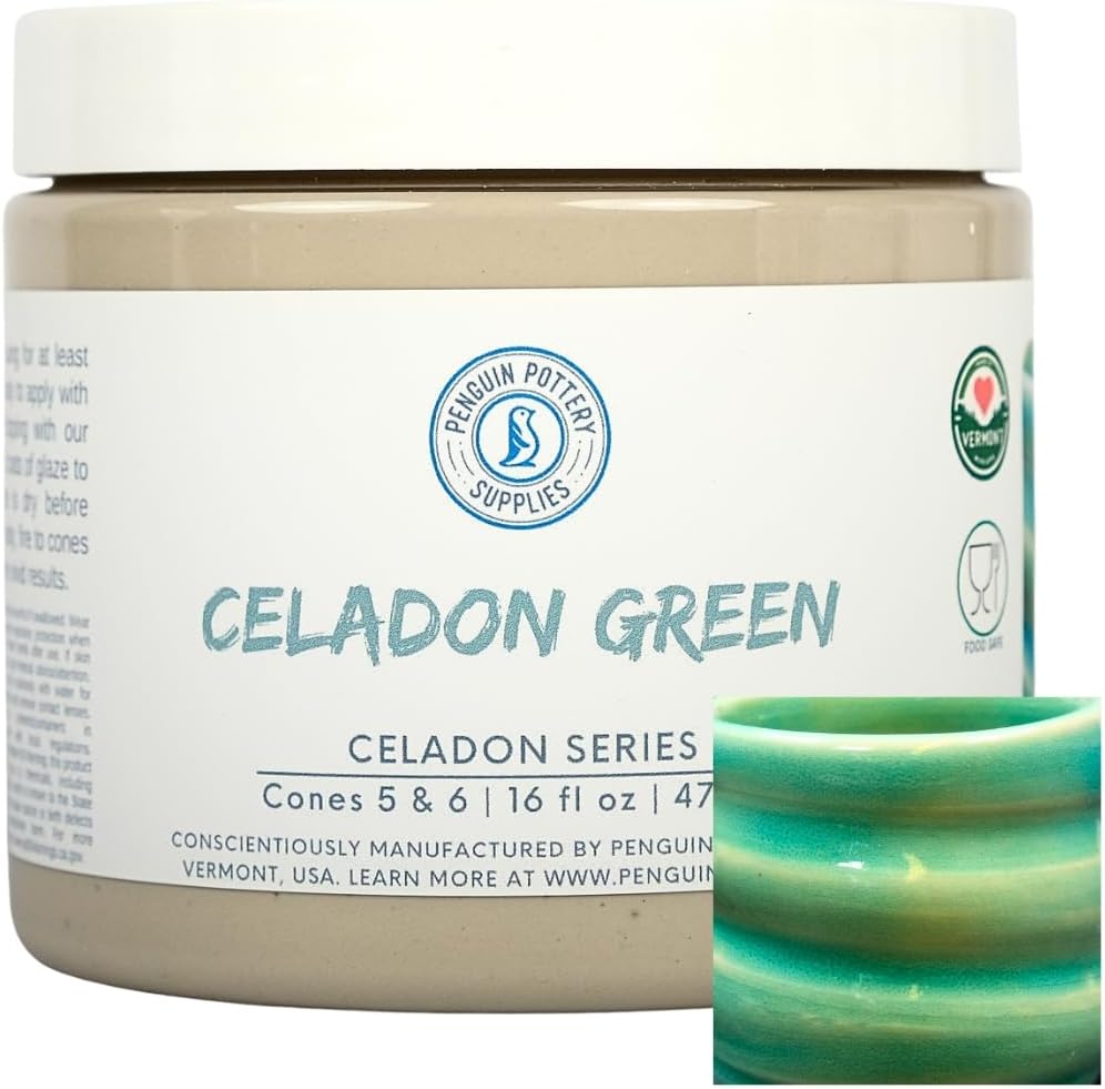 Penguin Pottery - Celadon Series - Green - Mid Fire Glaze, High Fire Glaze, Cone 5-6 for Mid Fire Clay, High Fire Clay - Ceramic Glaze Pottery (1 Pint | 16 oz | 473 ml)