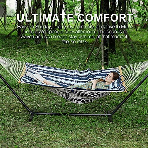 PNAEUT Large Double Hammock with Stand Included 2 Person Heavy Duty 2 People Rope Hammocks and Stand for Outdoor Porch Patio Garden Outside with Pillow and Pad Max 450lb Capacity (Blue)