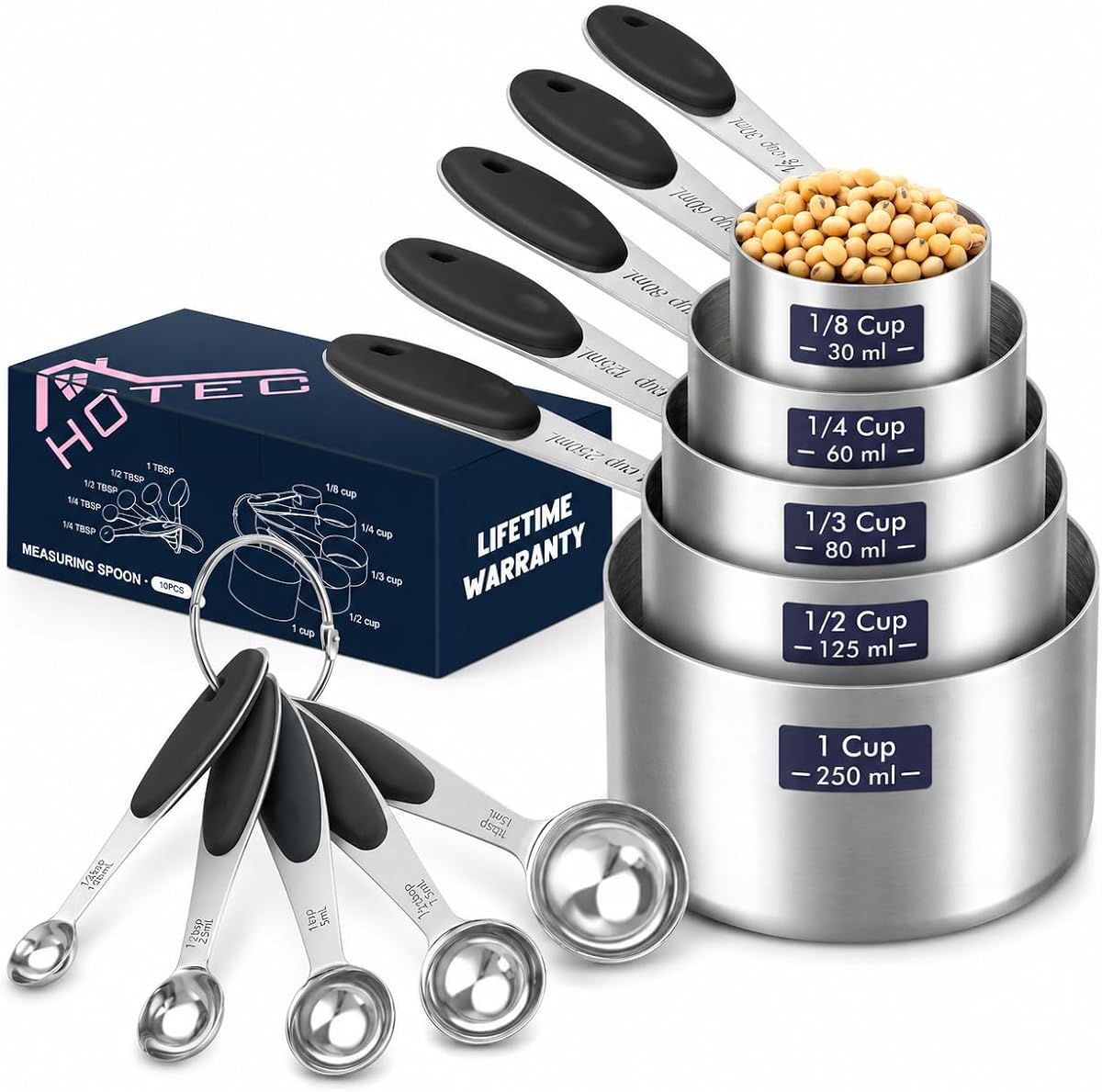 10-PACK Measuring Cups and Spoons Set, Kitchen Gadagets Cooking Baking,Heavy Duty & Dishwasher Safe for Dry and Liquid Ingredients,Black