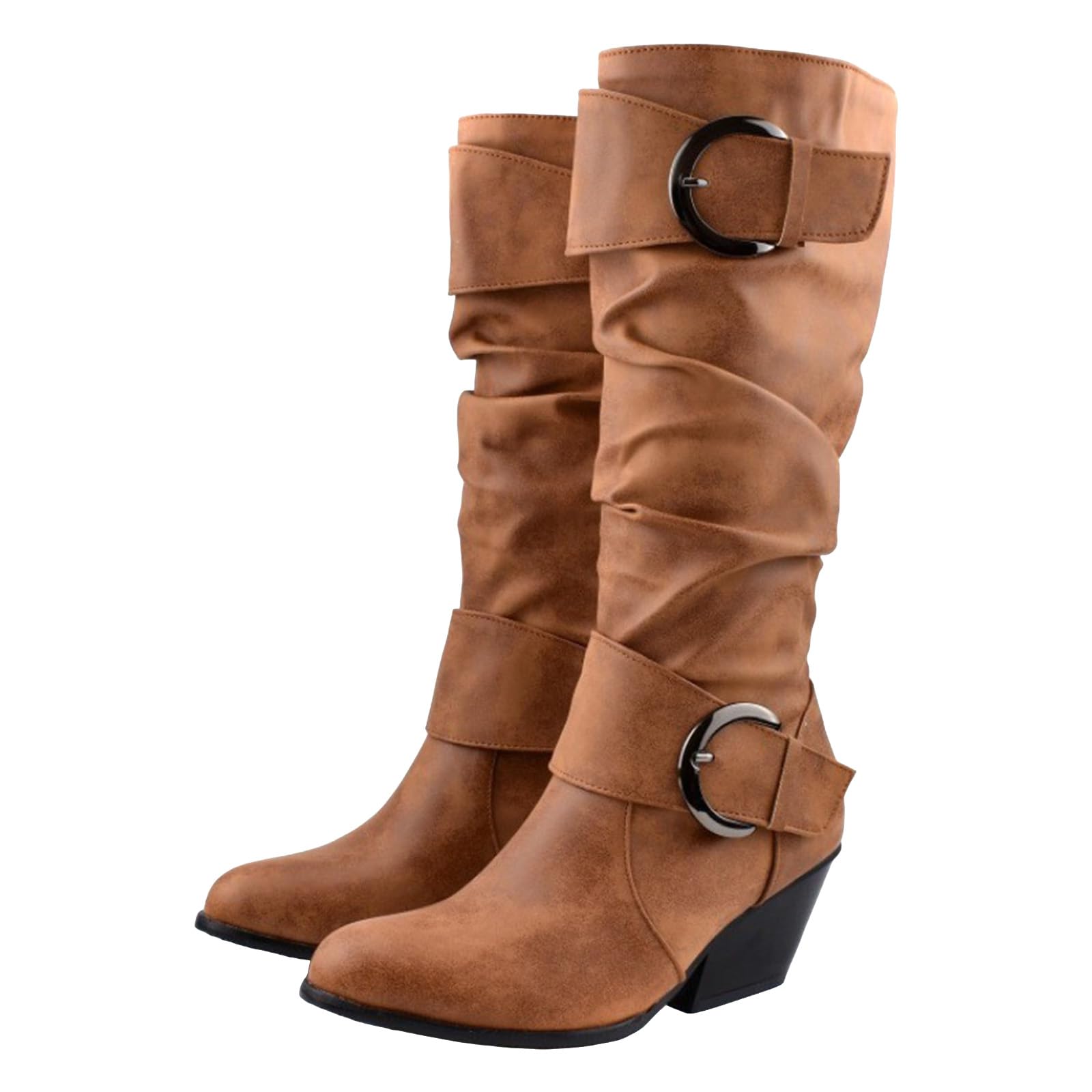 ZSpzx Women Vintage Mid Calf Boots Ruched Leather Wide Calf Vintage Dressy Booties Chunky High Heels Buckle Straps