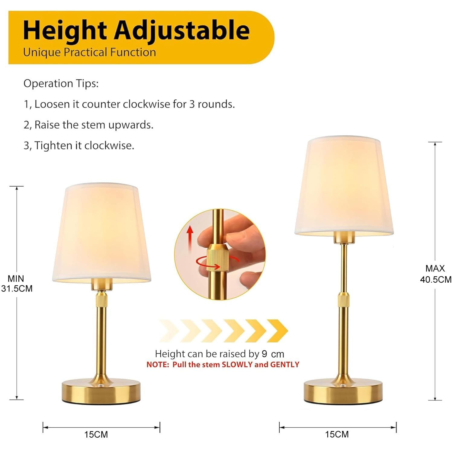 Regulable LED Batería Lámpara de Mesa Inalámbrica, Lámpara de Mesa Recargable Toque con USB-C, Faros de Cama de Noche Ajustable en Altura para Dormitorio Sala de Estar, 5200mAh (Lámpara LED Incluida)