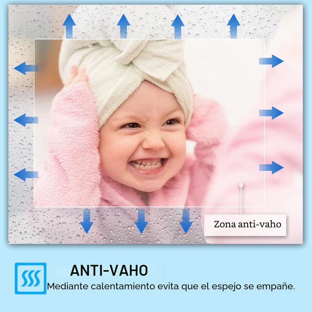 LISA Espejo de baño LED con luz iluminación 80 x 60 cm, Grande Espejo luz con Enchufe y Bluetooth, Regulable, 3 Colores iluminación Ajustable, antivaho, Espejo de Pared para baño, Inodoro, Pasillo