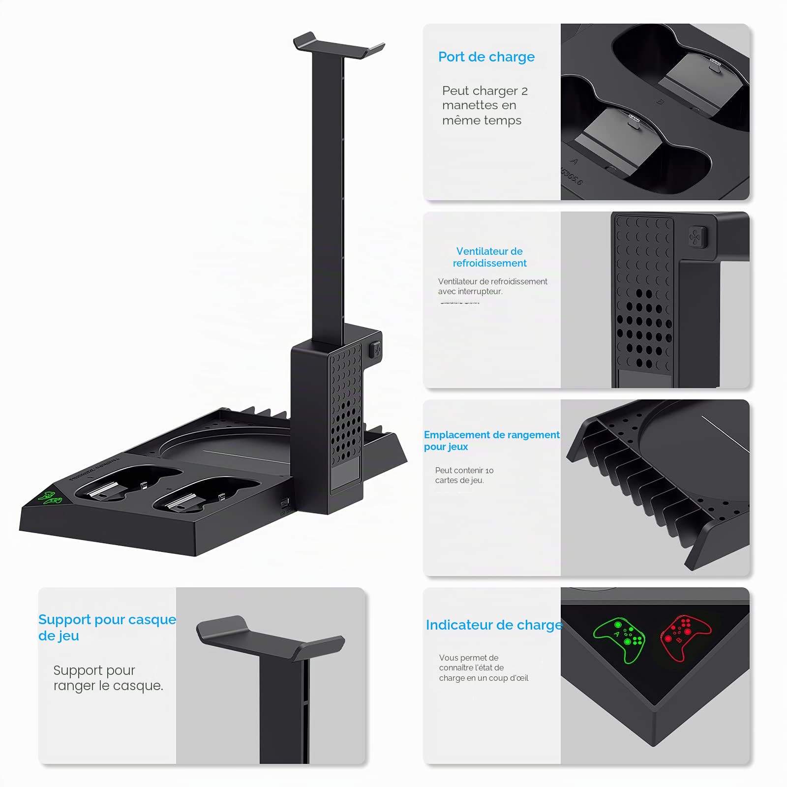 Support Compatible avec Xbox Series X, Ventilateur de Refroidissement avec Dual Controller Chargeur Station avec Batteries Rechargeables 2x1400mAh, Support D'écouteurs pour Série X