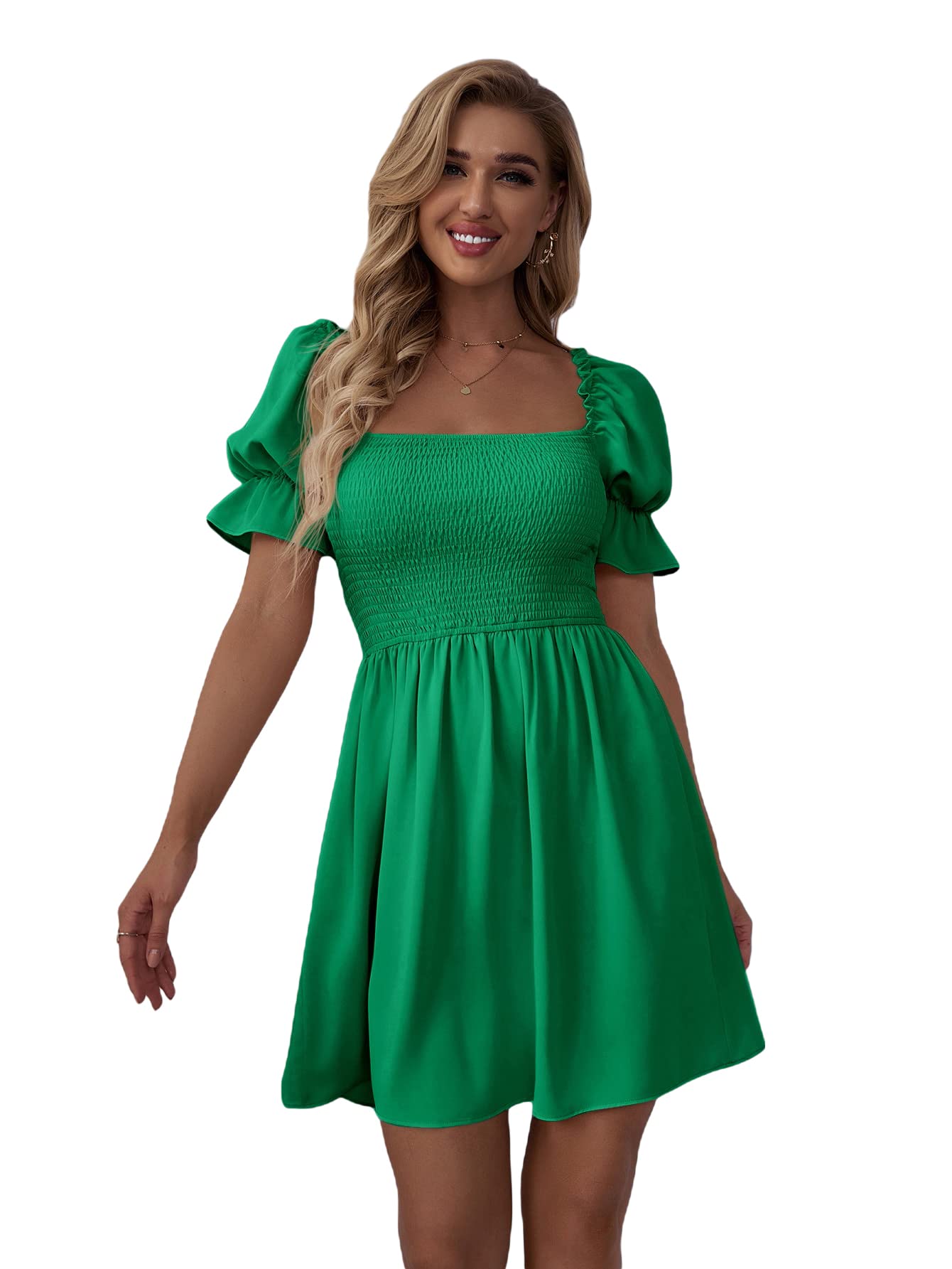 WDIRARA Women's Square Neck Flounce Short Sleeve Shirred Ruffle Hem Dress