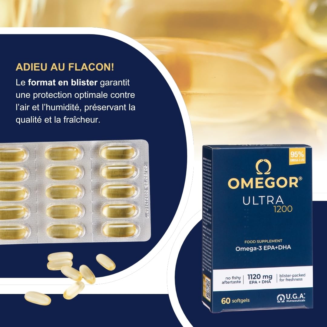 OMEGOR ULTRA 1200 – Supplément alimentaire avec 1200 mg oméga 3 - Fondamental pour le cœur, l'esprit et la vue - Huile de poisson pure - Concentration maximale de capsules oméga 3 – 60 gélules
