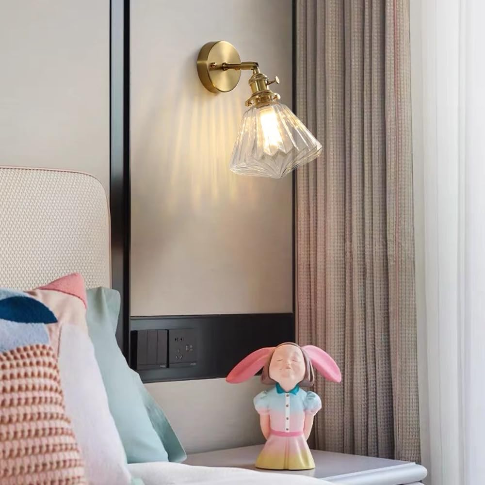 XANAYXWJ Aplique de Pared de Vidrio Transparente Retro Lámpara de Noche Ajustable con latón, luz de Rayas nórdicas E27 Iluminación de decoración del hogar de Oro Cepillado para la Sala de Estar del