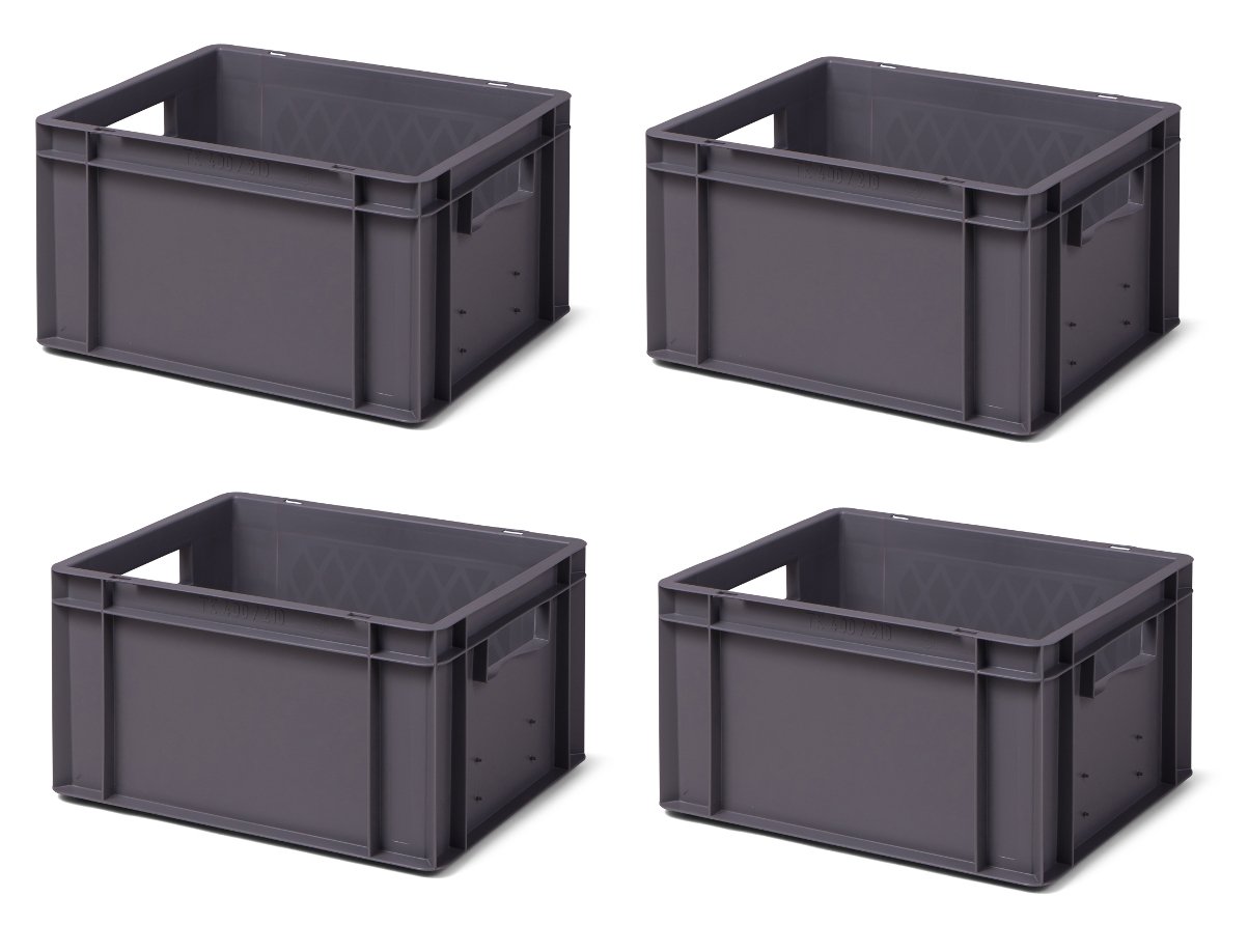 1a-TopStore 4 Stk. Transport-Stapelkasten TK421-0, Grau, 400x300x210 mm, PP, 19 Liter, 40 kg, Lebensmittelecht, Made in Germany, Industriequalität