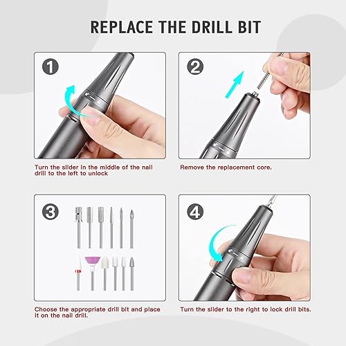 Miniatura 7 de SAVILAND Taladro de uñas eléctrico de 35000 RPM: lima de uñas eléctrica recargable con 12 puntas de uñas para uñas acrílicas, herramientas