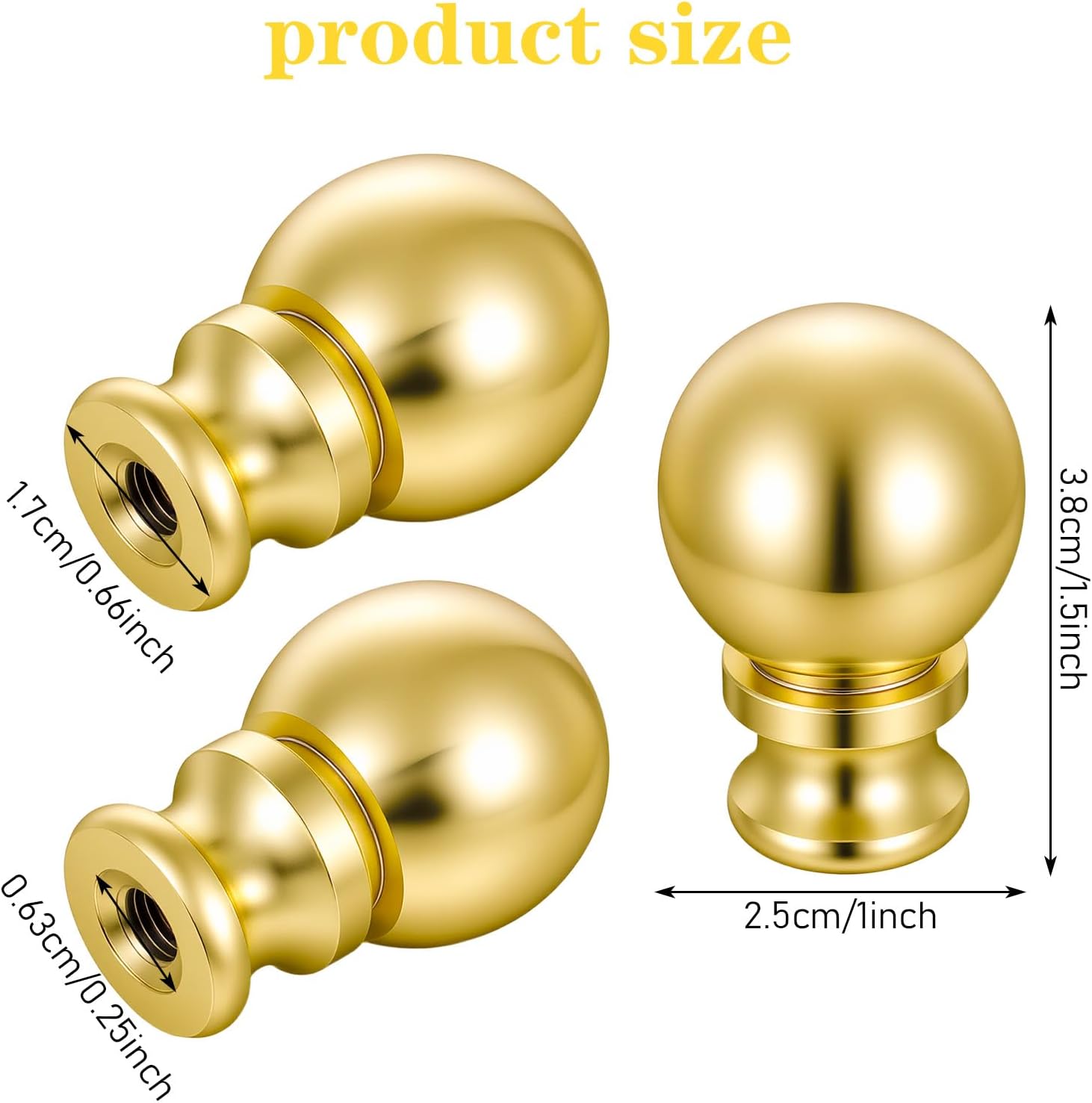 2 Pack Ball Lamp Finials 1-1/2 Inch Polished Brass Spherical Lamp Finial Cap Knob with 1/4-27 Threaded Base Connect to Lamps Harp for Table Floor Lamps Lampshades