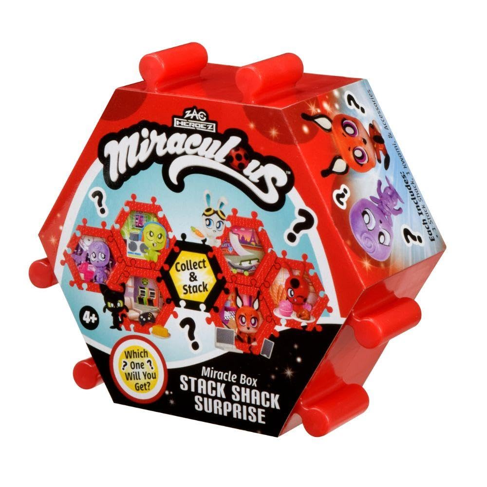 Miraculous Bandai Ladybug and Cat Noir Shack Surprise Box with Figure | Collectible Kwami Figure with 2 Accessories | 6 Themed Environments to Collect | Blind Box Only 1