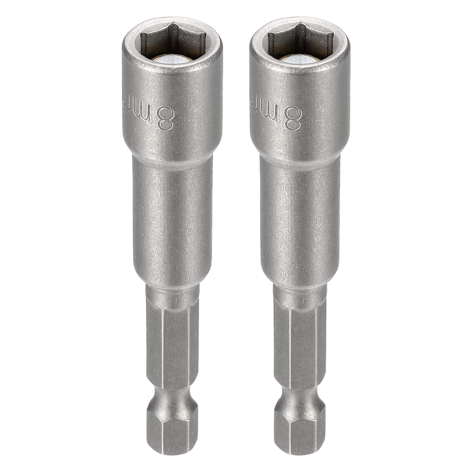 sourcing map 2pcs Nut Driver Drill Bit 8mm Metric Socket 1/4" Hex Shank 2.56" (65mm) Magnetic 6-Point Sockets Quick Change Cr-V Steel Bolt Setters for Power Drill Drivers, Gray