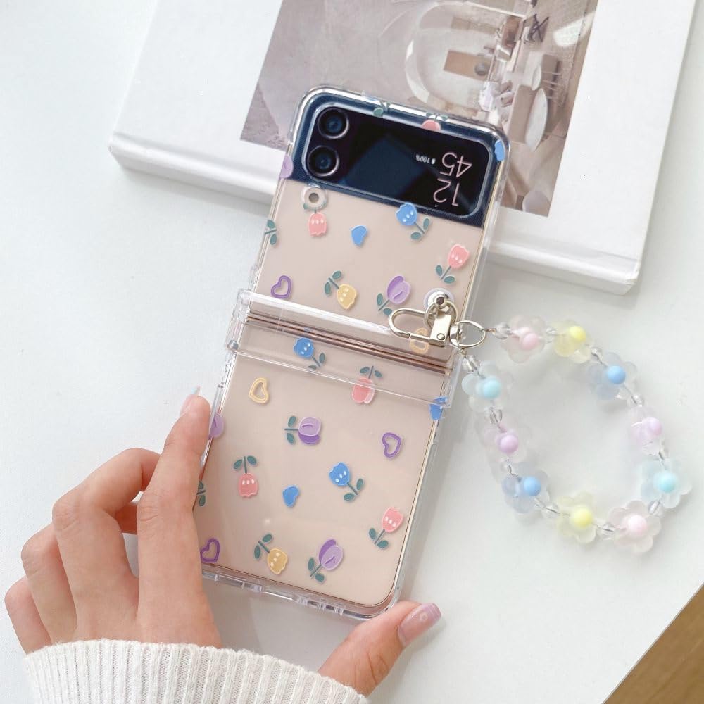 Do etui Samsung Z Flip 5 4 3 Małe kwiatowe przezroczyste składane etui na telefon z bransoletką Do ZFlip4 Odporna na wstrząsy twarda tylna obudowa, E, do Samsung Z Flip 3