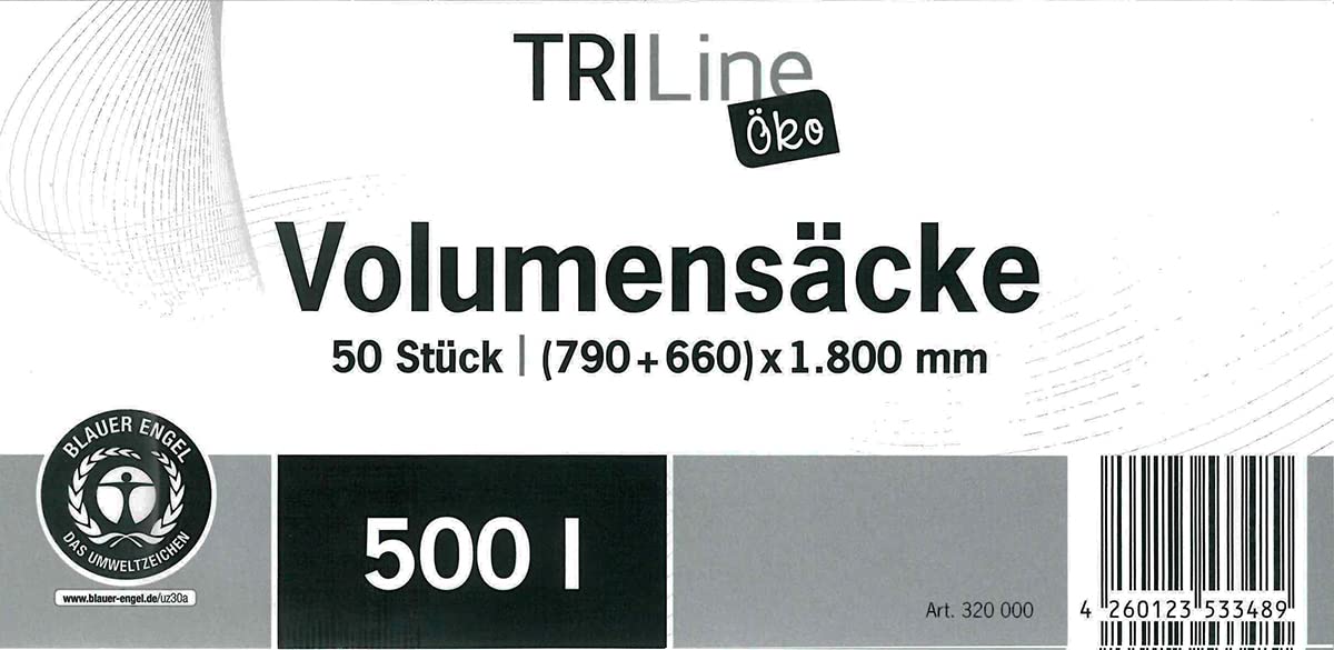 Lot de 50 sacs poubelle Triline Eco 500 l, transparents, résistants à la déchirure, 100% recyclables.