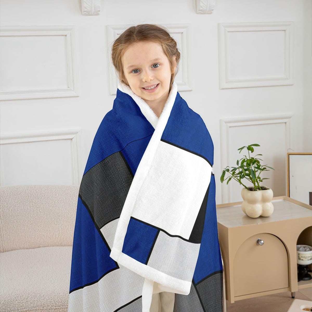 Royal Blue Geometric Throw Blanket Black White Grey Square Bed Blanket for Kids Girls Room Decor, Modern Abstract Blanket for Couch Sofa, Soft and Breathable Fleece Blanket(50 x 60 Inches)