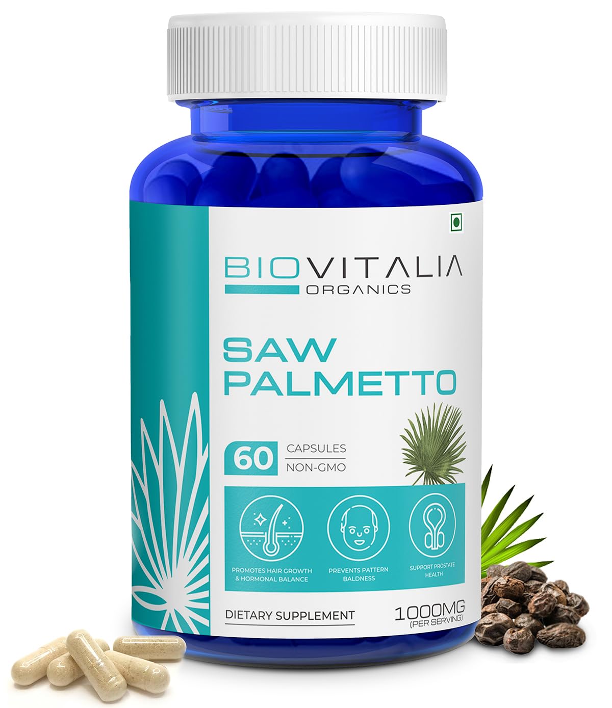 Biovitalia Saw Palmetto Extract Capsules 1000mg Dietary Supplement for Hair Growth | Supports Prostate Health & Urinary Function | Good & Natural Support for Men & Women - 60 Veg Capsules