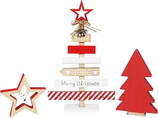 Christmas Decorations, Wood Christmas Sign Table Tiered Tray Decor with XMAS and Happy New Year Sign, Farmhouse Rustic Christmas Ornaments for Party Shelf Mantel Indoor Home 3 PCS