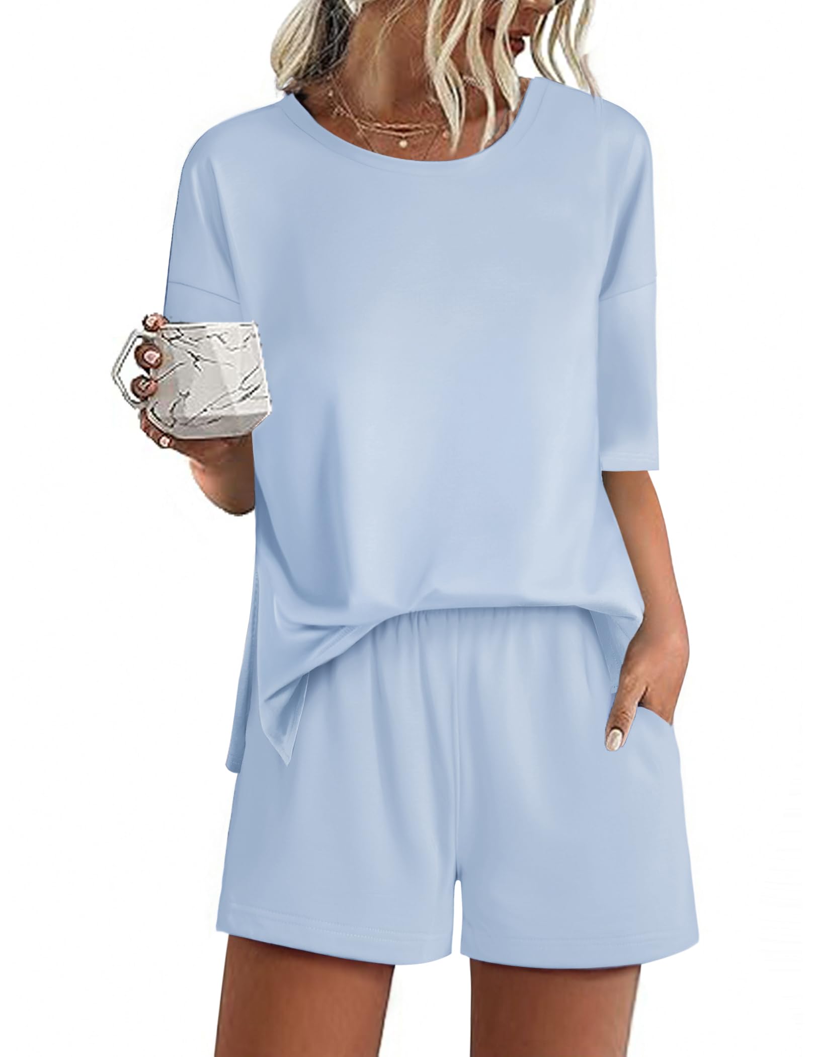 Ekouaer Pajamas for Women Set 2 Piece PJ Soft Comfy Lounge Sets Short Sleeve Tops Shorts Sets Cotton Sleepwear S-XXL