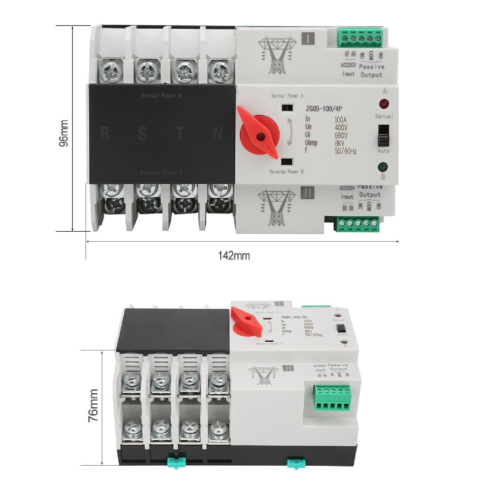 Automatischer Transferschalter, ATS Automatisch Transferschalter mit doppelter Stromversorgung Leistungsschalterumschaltung 4P 100A AC 400V
