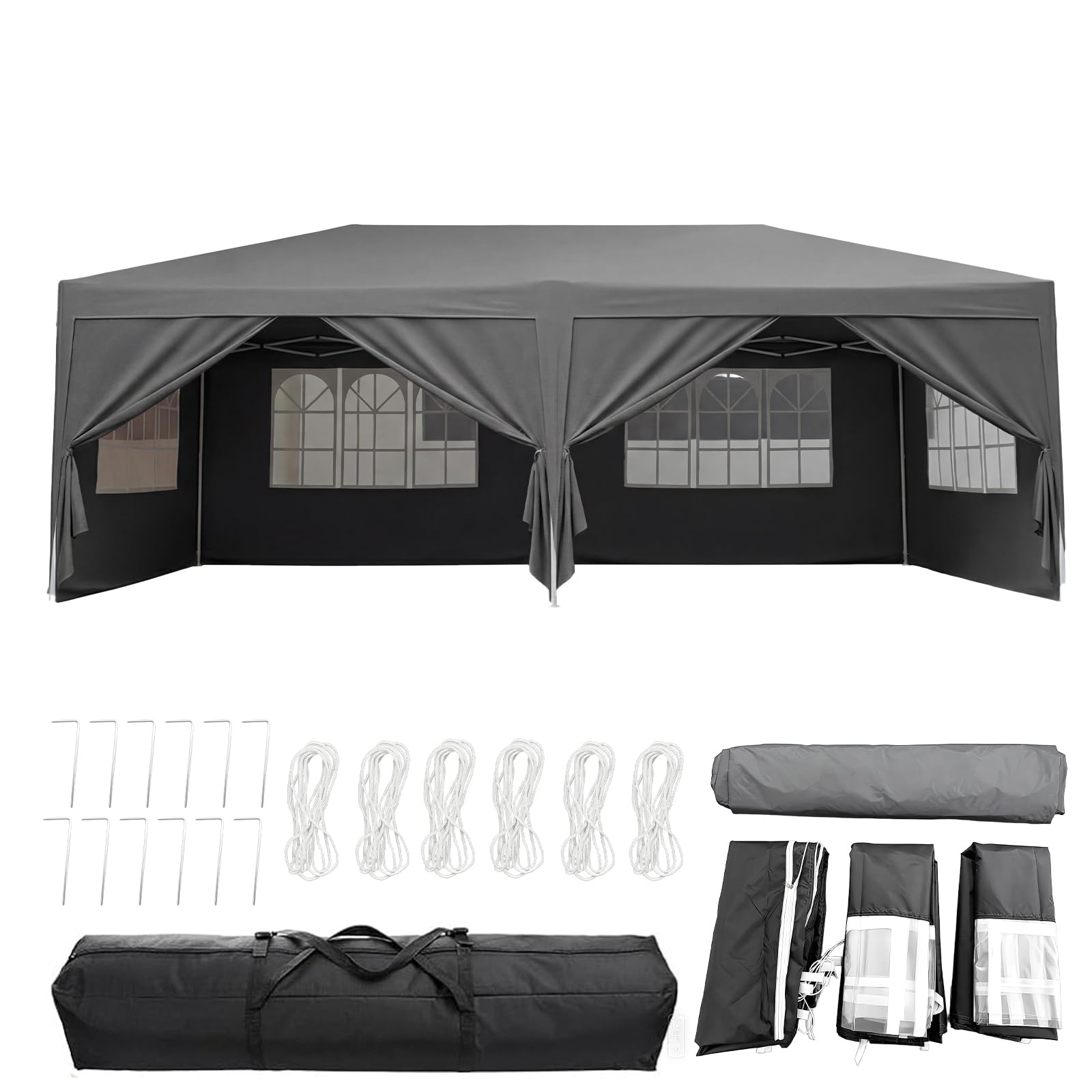 Panana Pop Up Gazebo with Side Panels, 6x3m, Waterproof Canopy Tent with Windows, 3 Height Adjustable Levels, Carry Bag Included (Gray)