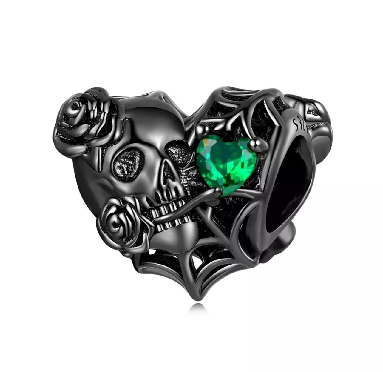FLXHHX Abalorio de Calavera y Rosa en Forma de corazón Negro, Flor de Halloween, Plata de Ley 925 auténtica, Compatible con Pulsera