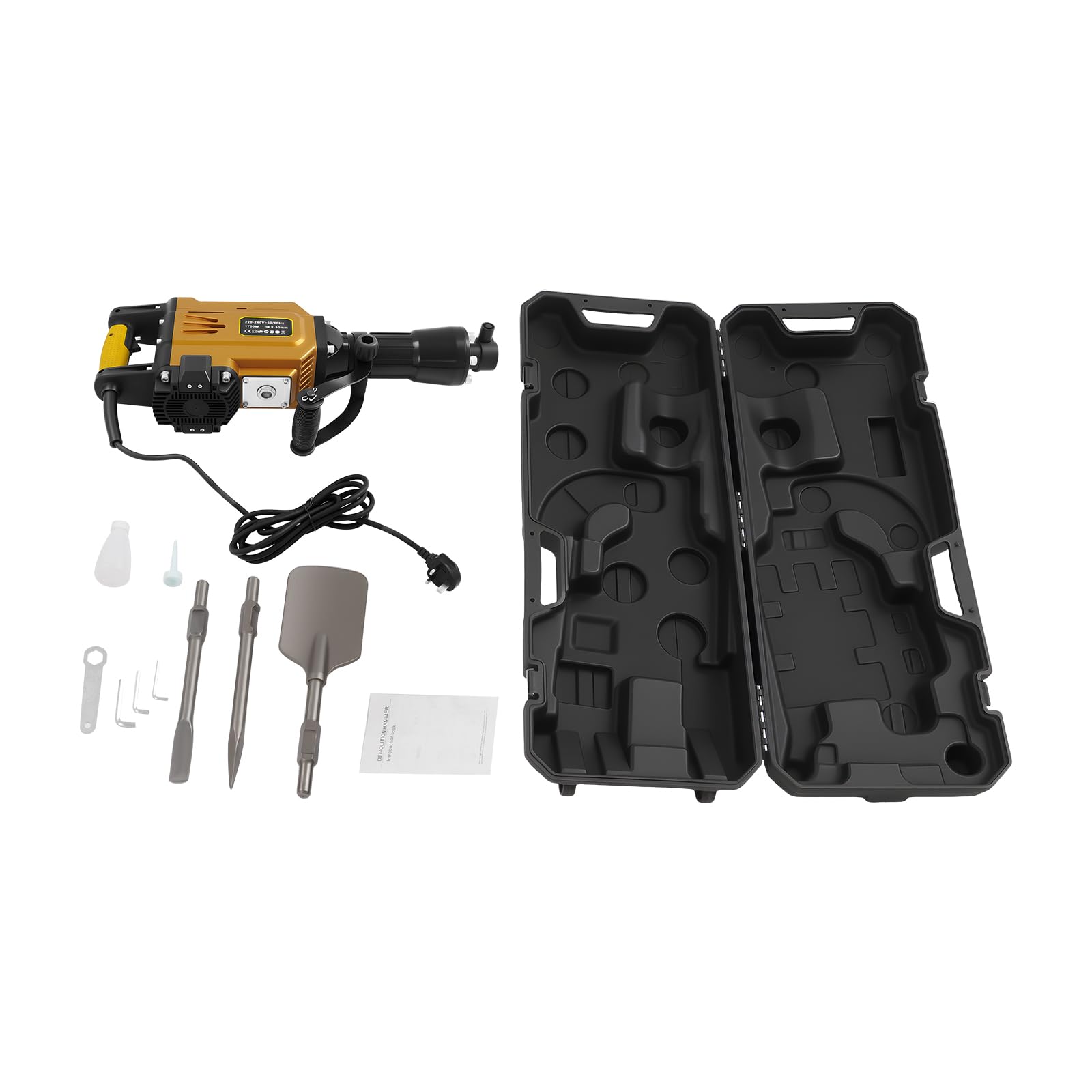 Hongkkon Heavy Duty Jack Hammer, 1700W Electric Demolition Hammer Dril Portable Concrete Breaker With Flat Chisel, Scraping Chisel And Point Chisel For Demolition, Trenching, Chipping