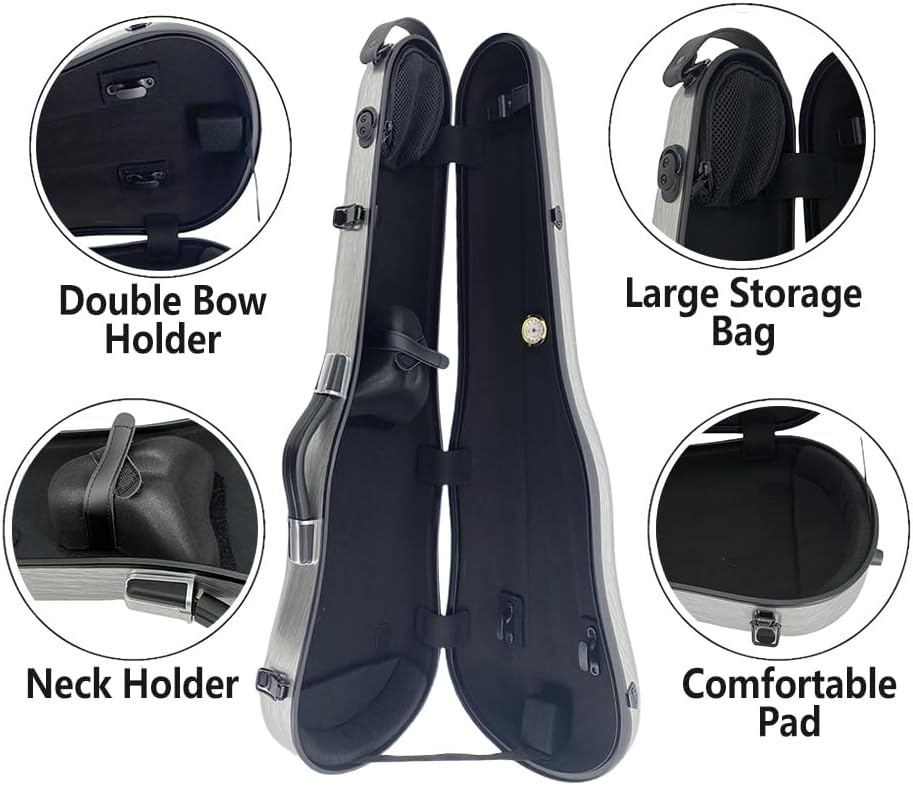 yinfente Triangle 1.95kg Violin Case 4/4 Full size Carbon Fiber Strong Bag 150kg Pressure Full Size With Adjustable Backstrap Two Bow Holder（Champagne）