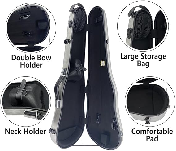 Vetimobato 3/4 Violin Case 4/4 Full Size Adjustable Hard Shell Carbon Fiber Violin Travel Case with Removable Accessory Storage Bag, 2 Bow Holder, Backpack straps(Silver)