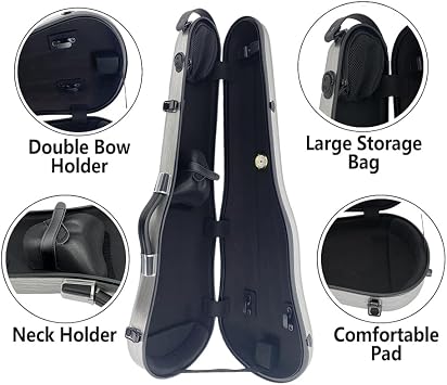 Vetimobato 3/4 Violin Case 4/4 Full Size Adjustable Hard Shell Carbon Fiber Violin Travel Case with Removable Accessory Storage Bag, 2 Bow Holder, Backpack straps(Silver)