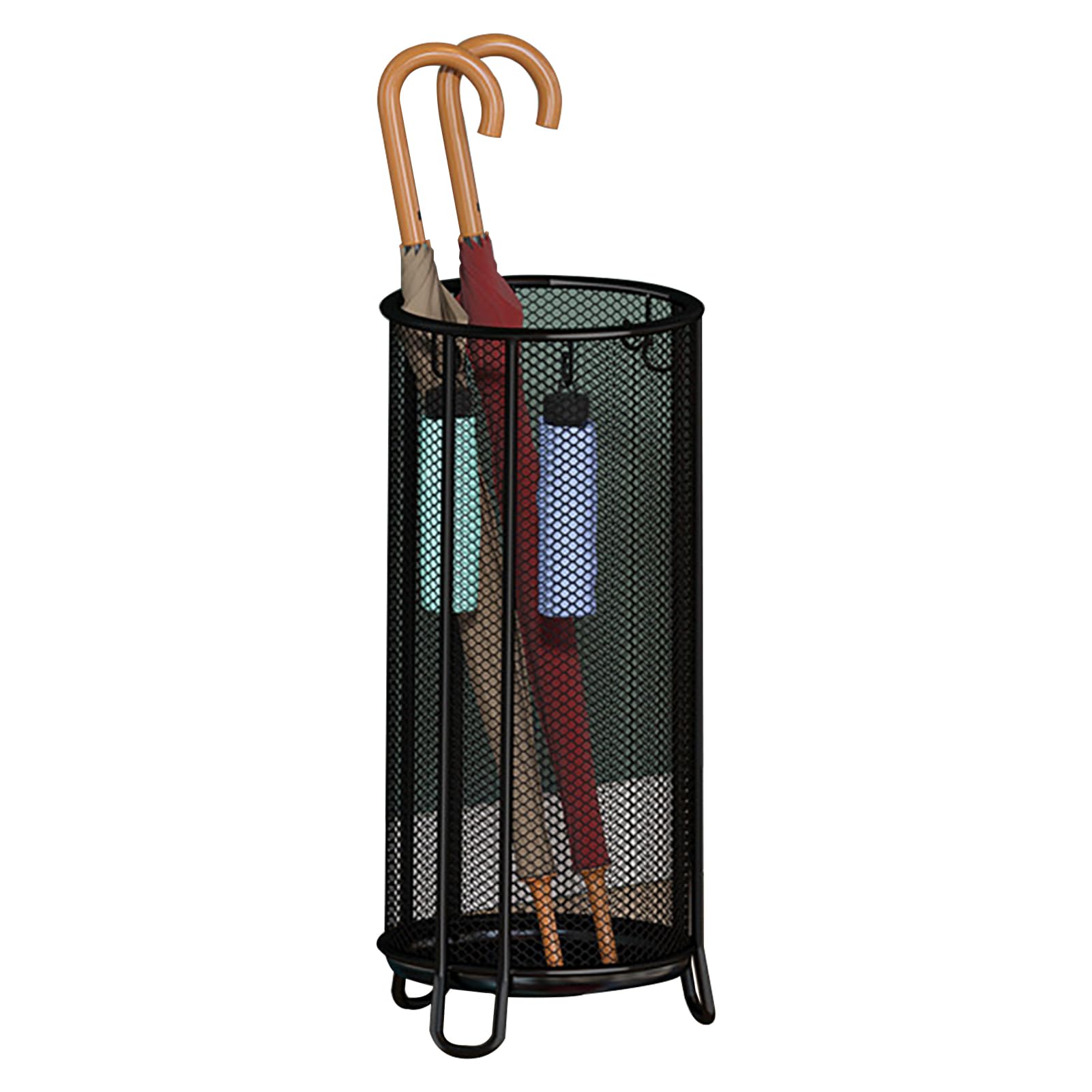 GYRAZXS Modern Umbrella Stand Holder with Drip Tray & Hooks - Freestanding Cane and Walking Stick Rack for Entryway, Stylish Black Umbrella Bucket Organizer