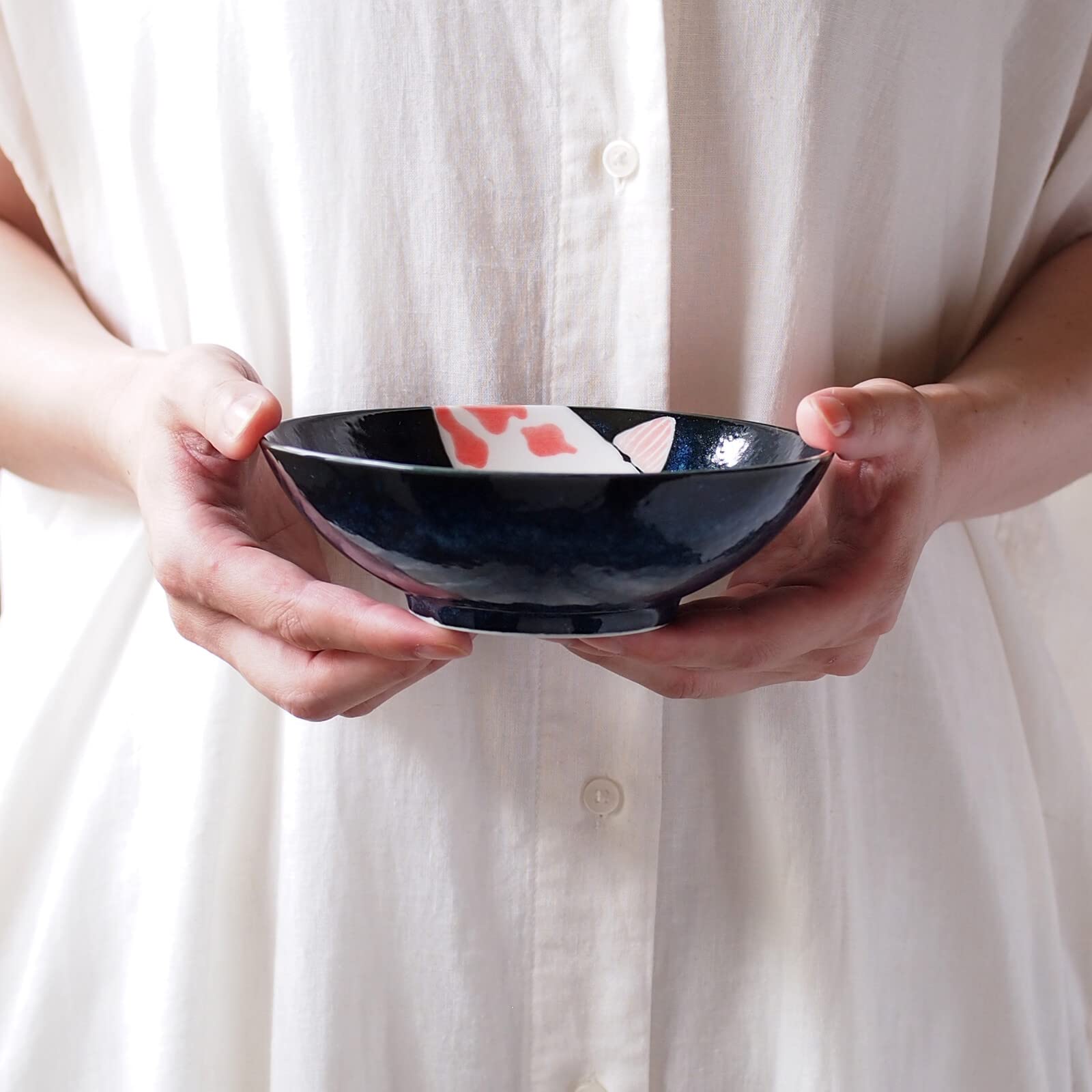Ciotola per riso giapponese Mino-yaki in ceramica, set di 2 ciotole, 14,5 cm, motivo carpa rossa portafortuna, nero, Made in Japan