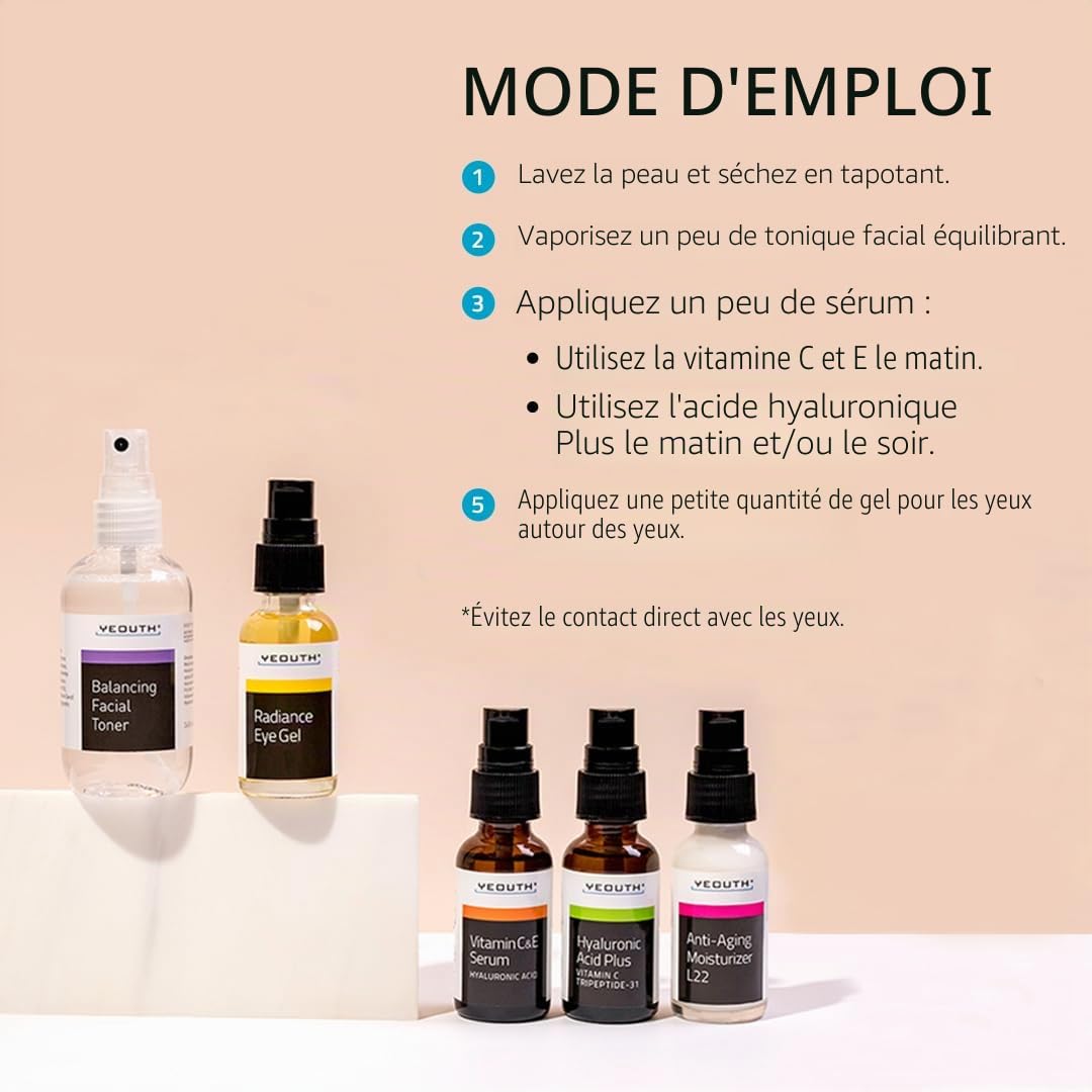 YEOUTH Coffret Cadeau Femme: Acide Hyaluronique Serum Visage, Serum Vitamine C et E, Toner Visage, Gel Contour des Yeux, Creme Hydratante, 5 - Pièces Idee Cadeau Femme