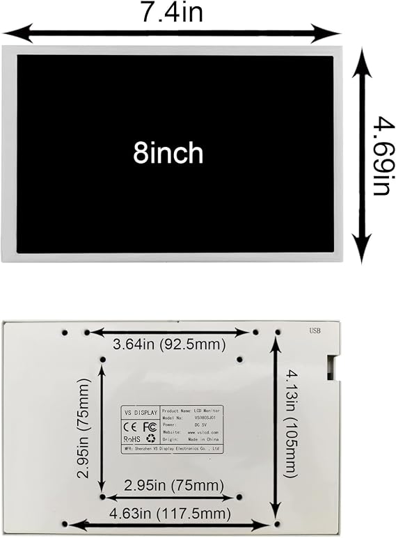 VSDISPLAY Portable White 8 inch 1280x800 350 nits IPS LCD Display | for PC Case Monitor,Dynamic Theme Supported