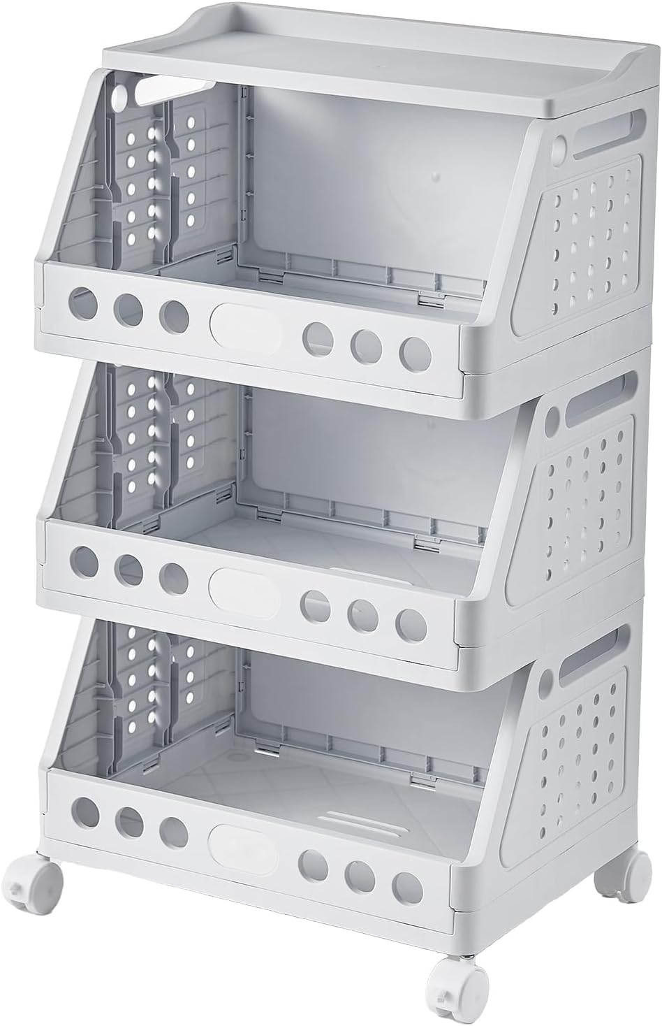 UFORU 3 Tier Rolling Storage Cart, Plastic Open Storage Basket with Wheels,Foldable Storage Shelf for Kitchen, Bathroom, Bedroom, Living Room, Books, Toys