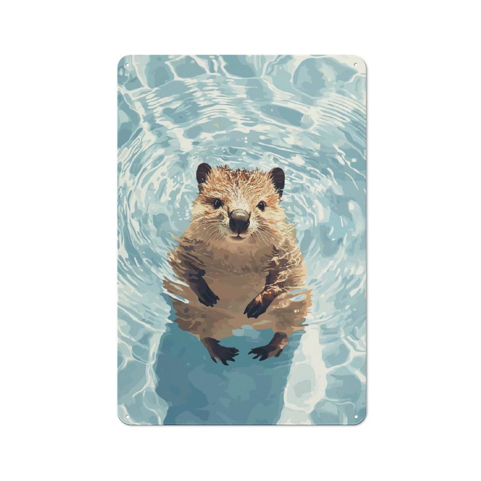 Junmoney Style-20 For Lounge Or Reading Corner, Swimming Quokka Illustration Vintage Metal Sign 30X20cm, For Collectors Decorating Lounges And Reading Corners
