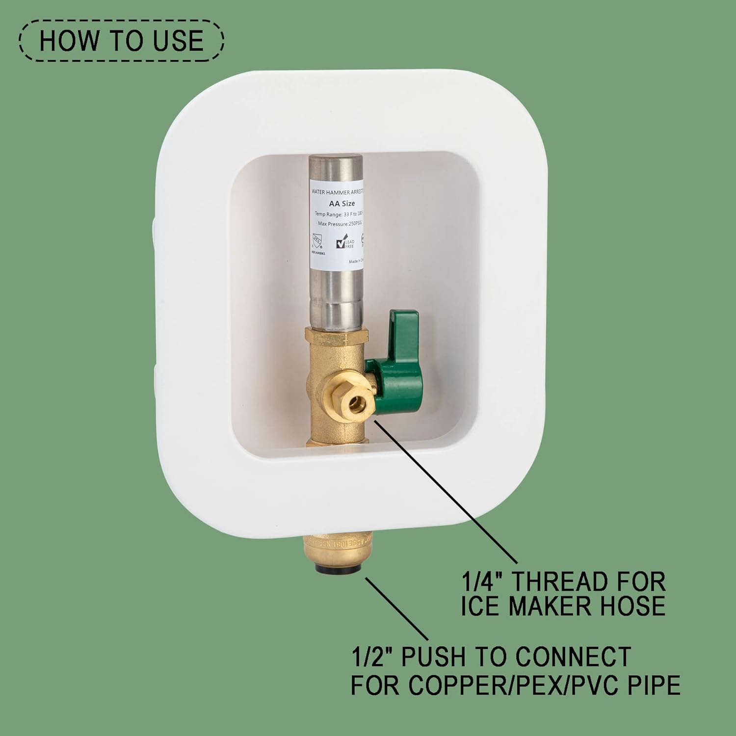 Ice Maker Outlet Box Push To Connect with Hammer Arrestor, 1/2 inch Push to Connect PEX Pipe, Copper, CPVC, Connection 1/4 Inch Ice Maker Hose, Water Valve Box Inlet Compression Cover Old Work
