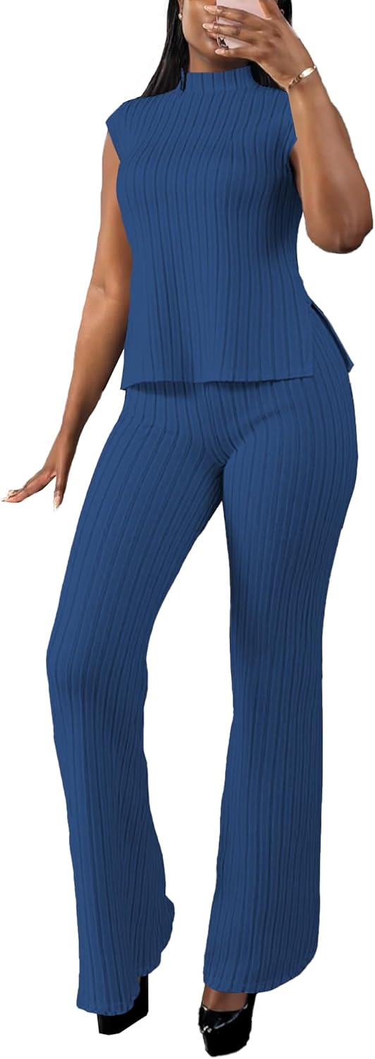 Ulovmi 2 Piece Sets Outfits for Women Summer Mock Neck Top Wide Leg Pants Ribbed Casual Lounge Set