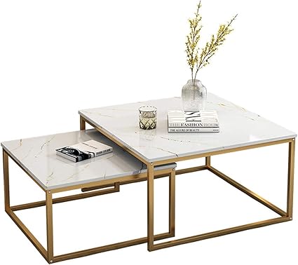 Priti Coffee Table Modern Nesting Coffee Tables Set for Living Room Office Square Wood Accent Coffee Table MDF Faux Marble with Gold Legs Living Room Centre Table