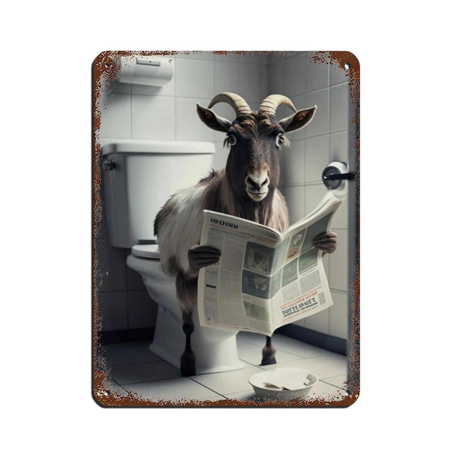 Lxwnze 30L X 40W Cm Goat Sitting On The Toilet Reading A Newspaper Tin Sign Vintage Metal Pub Club Cafe Bar Home Wall Art Decoration Poster Retro 12X16inch(30X40cm)