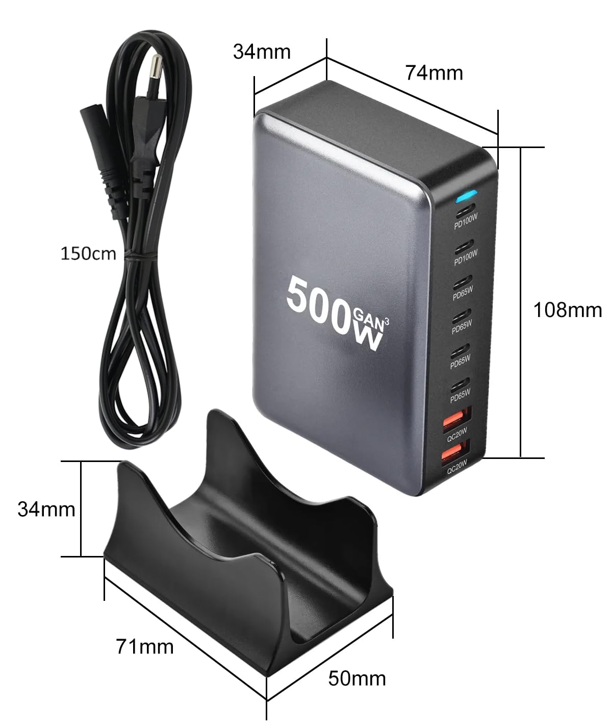 Chargeur Secteur 500W Multiprise HUB GaN3 - Station de Charge 8 Ports USB (6 USB-C 100W & 65W + 2 USB-A 20W) - Charge Rapide Universelle pour Téléphone, Ordinateur Portable, Tablette - Câble EU 1,5m