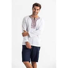 Eli   ile Bezi Uzun Kol  ile Bezi Bisiklet Yaka Etnik Yazl k T-shirt, M, TST.E.0001, Beyaz, Erkek