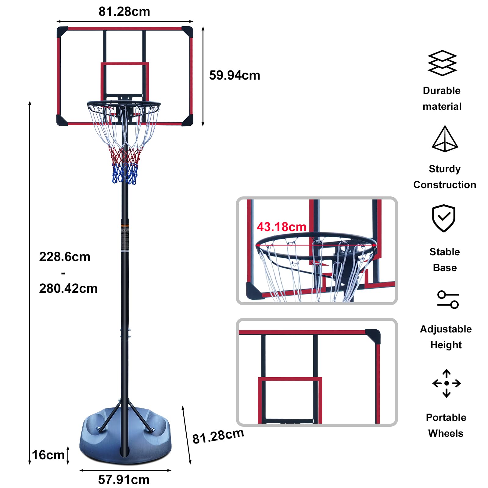 Canestro da Basket da Esterno in Acciaio, Regolabile, Nero e Rosso, 280 cm