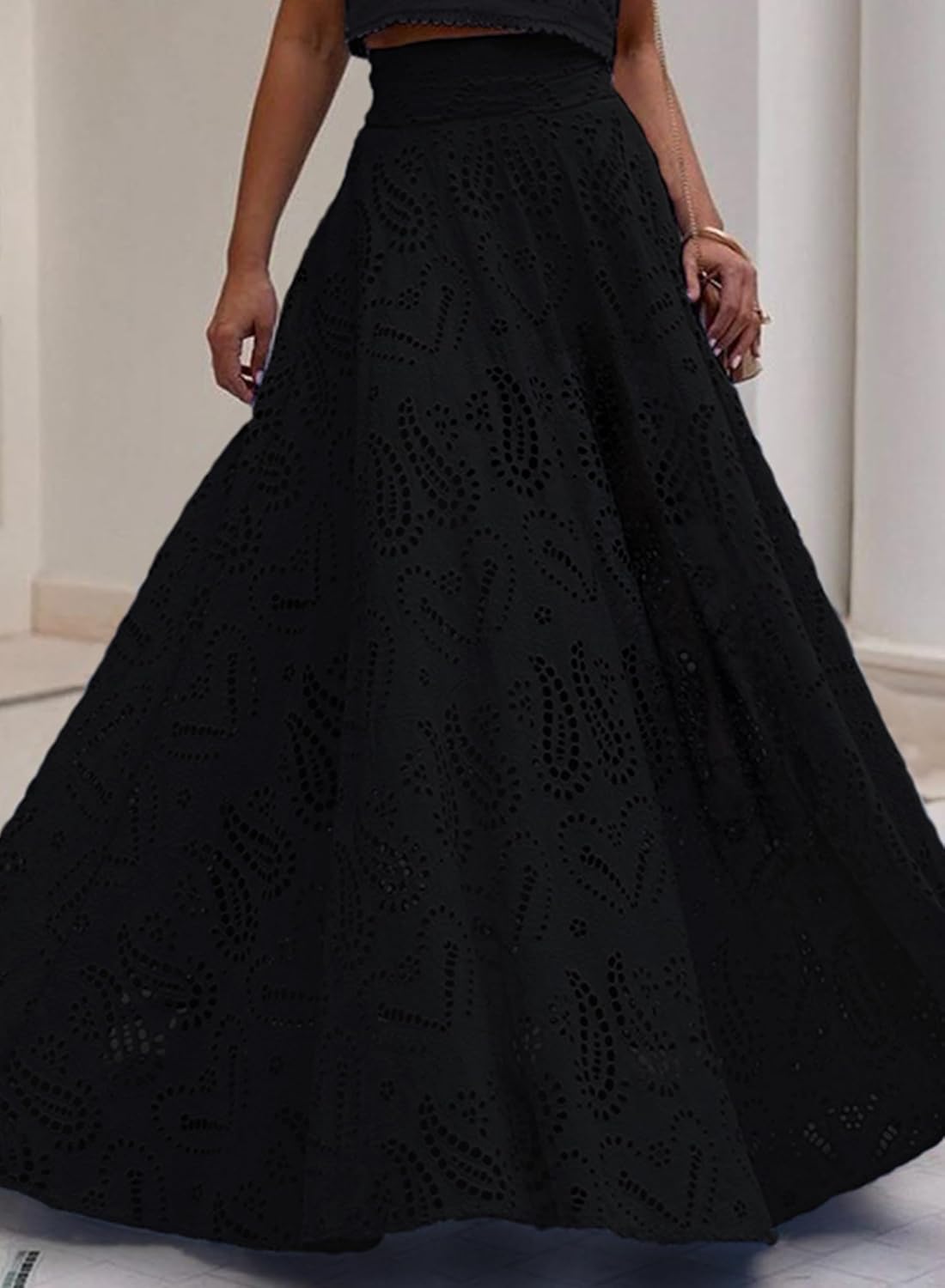 Women Fall Long Maxi Eyelet Embroidered Party Club Pleated Cute Ladies Skirt - Image 3