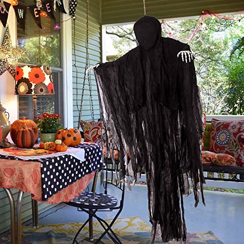 Image of JOYIN 63 inch Halloween Decorations Outdoor Grim Reaper,Dark Faceless Hanging Ghost Decor in Black Horror Robe for Halloween Yard Tree Graveyard Hanging Decorations Haunted House Outside Decor