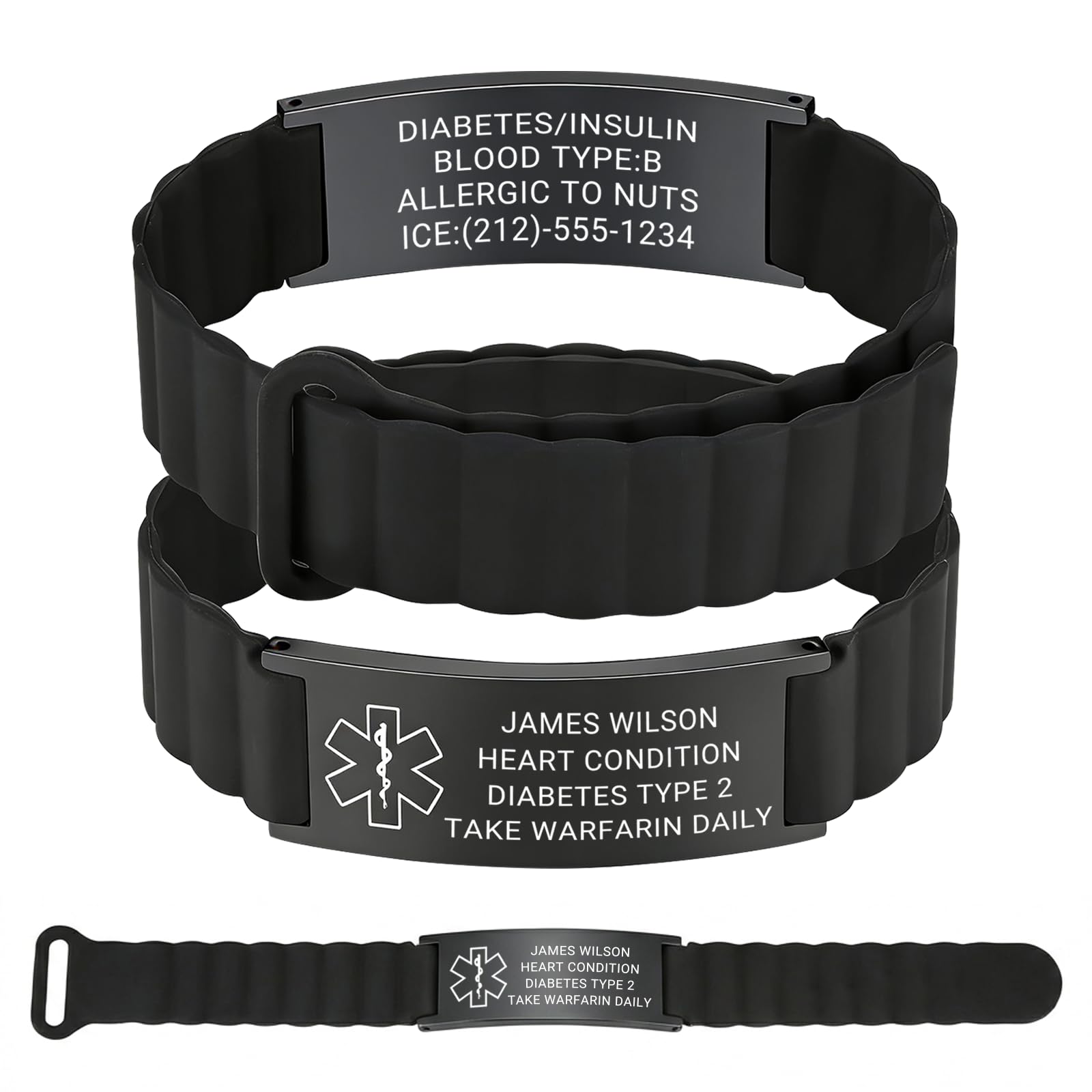 Custom Engraved Medical ID Bracelet for Men & Women, Adjustable Silicone Medical Alert Wristband with 316L Stainless Steel Tag, Waterproof Comfort Fit for Diabetes, Allergies & Emergency Info