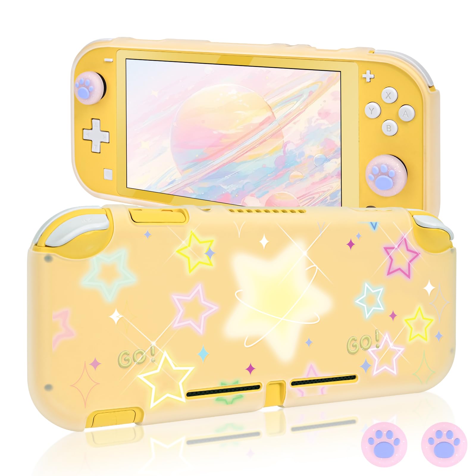 DLseego Protective Case Suitable for Switch Lite Console 2019, TPU Soft Shell Anti-Slip Shock-Absorption Protective Star Games Case Accessories with 2 PCS Cute Cat Paw Thumb Grips Caps-Clear Yellow