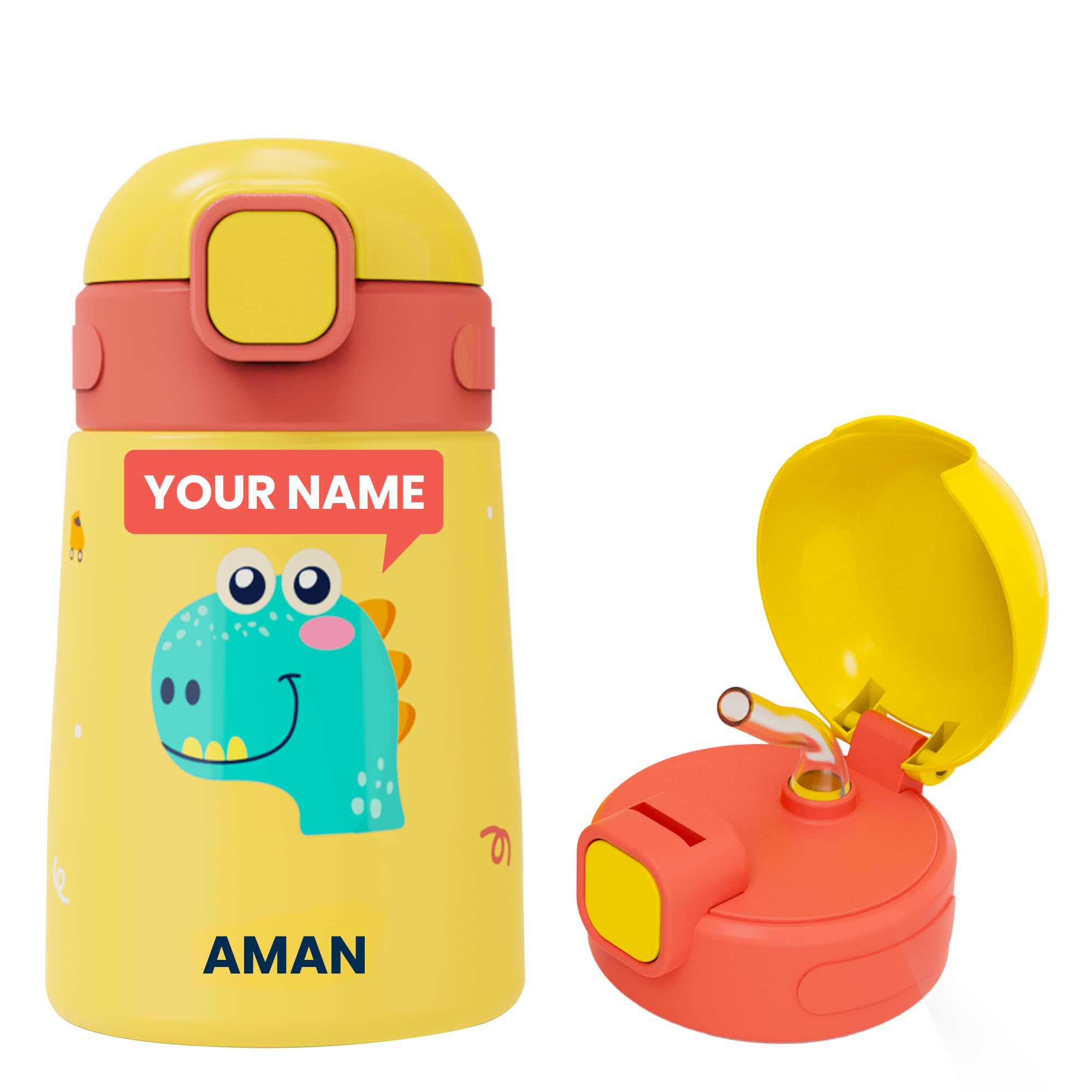 rabitat Milo Personalized Stainless Steel Water Bottle 350ml | 2 Year Brand Warranty | BPA Free | Leakproof Steel Sipper Bottle for Kids | Flip Lock Lid with Straw | Easy Carry Handle Dino Dash-image-21