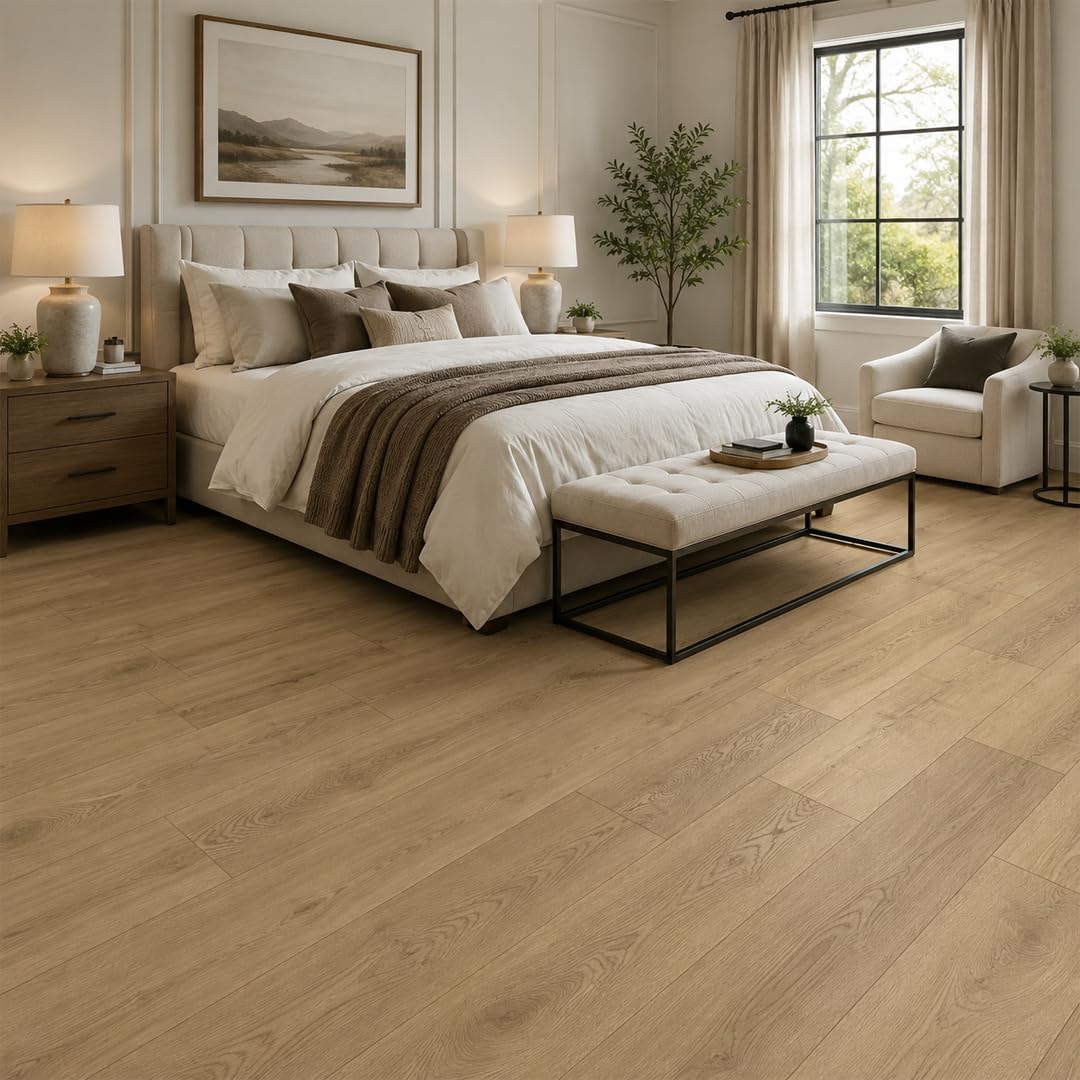 Built Right SPC Vinyl Click Lock Flooring – Wood Effect Waterproof Planks, 6.5mm Thick, Easy Interlocking Installation, Luxury Vinyl Flooring for Bathroom, Kitchen, Bedroom – 1.79m² Pack, Natural Oak