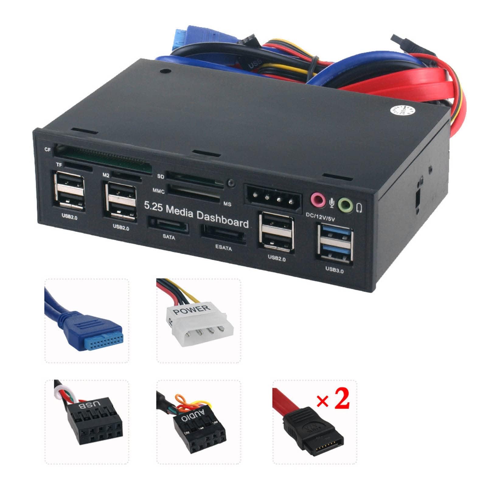 Dpofirs 5,25-Zoll-PC-Multifunktions-Dashboard-Medien-Frontblende, mit Dual USB 3.0, SATA E-SATA, 6 USB 2.0-Anschlüssen, Audioanschlüssen, Unterstützung für M2 TF MMC MS CF-Medien-Frontblende